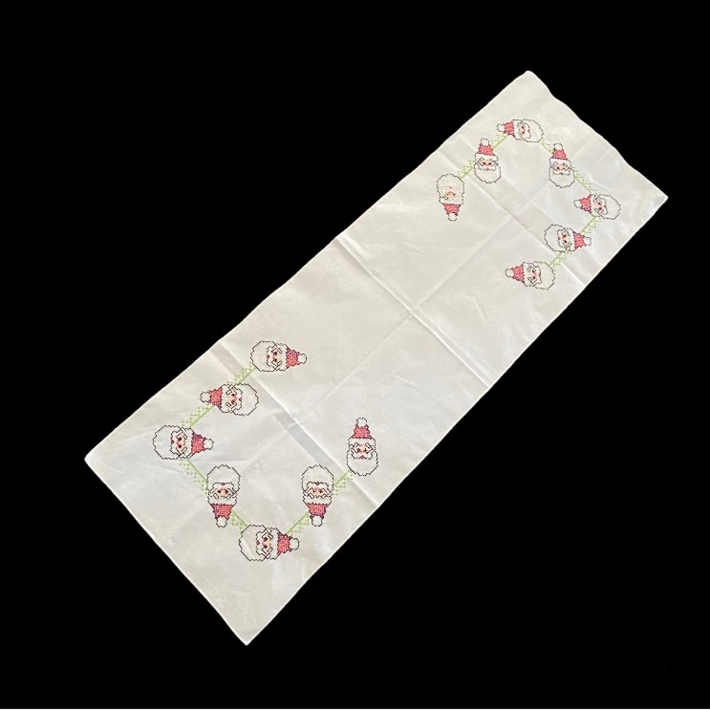 Vintage Table Runner Dresser Scarf Christmas Cross Stitch Santa White Red